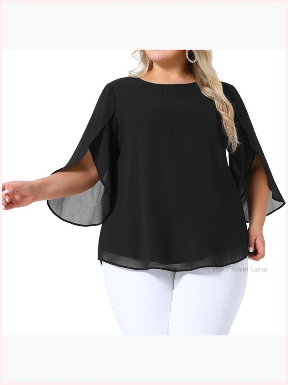 Plus Size Chiffon Blouse Flutter 3/4 Sleeve Loose Flowy Tunic Top